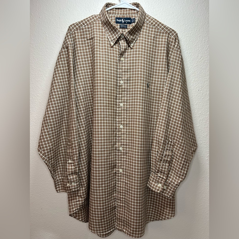 Ralph Lauren Yarmouth Men’s Tan Plaid Button Down Shirt - Size 17 1/2 32-33
